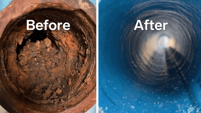 A side by side comparison showing a severely corroded sewer pipe before and a clean blue epoxy lined pipe after professional restoration.