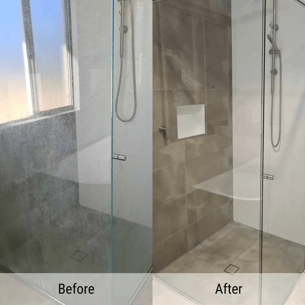 Side by side comparison of a glass shower door with heavy hard water staining before and a crystal clean glass door after professional descaling.