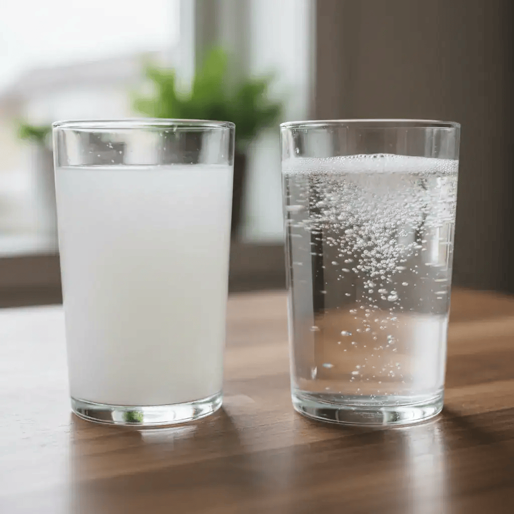 Side by side comparison of a glass of cloudy milky water next to a glass of crystal clear filtered water.
