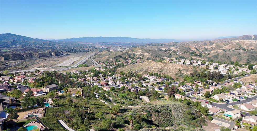 aerial photo of hillside southern California suburban communitie