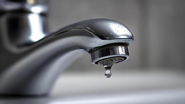 closeup of a lavatory faucet with water dripping from the aerator