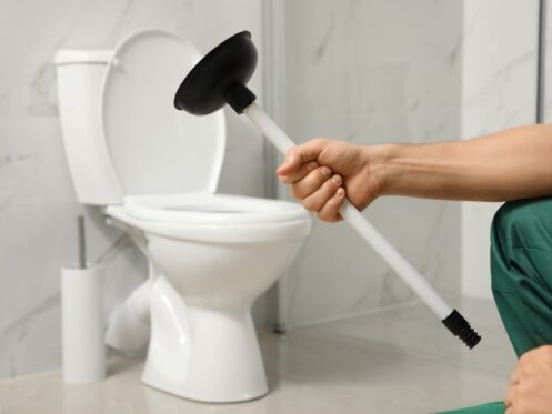 a man holding a plunger inside a bathroom with a white toilet in the back.