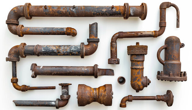 An array of heavily corroded and rusted iron plumbing pipes and vintage fittings displayed against a white background.