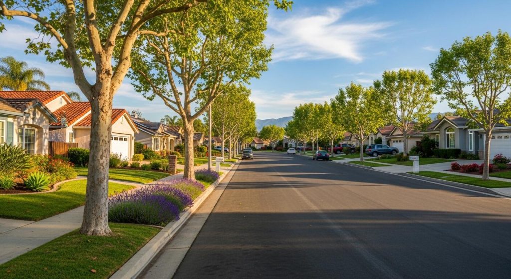 Suburban Southern California street with nice homes and trees.