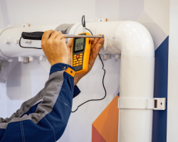 Technician using a digital ultrasonic leak detector with a probe to test for air or water leaks on a large white PVC pipe.
