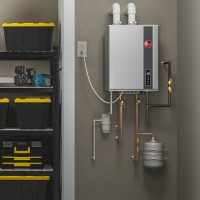 A Rheem tankless water heater mounted on the wall that is connected to hot and cold water, gas lines, and has a recirculation pump and expansion tank.